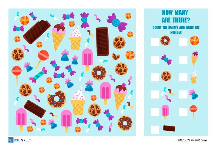 sweets and candy counting worksheet for kids