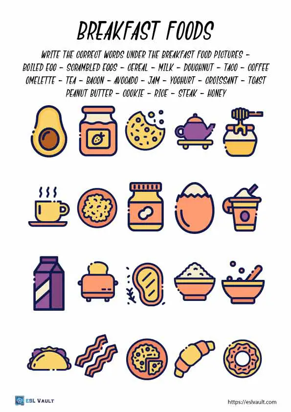 breakfast worksheet printable for ESL classes