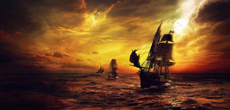 a pirate ship at sea in a storm