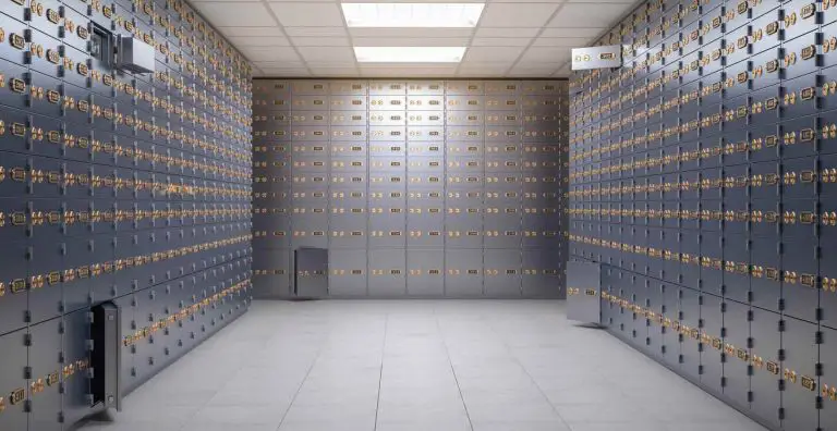 safety deposit boxes room inside of a bank vault