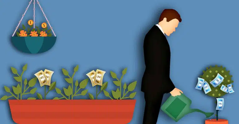 A man watering money plants