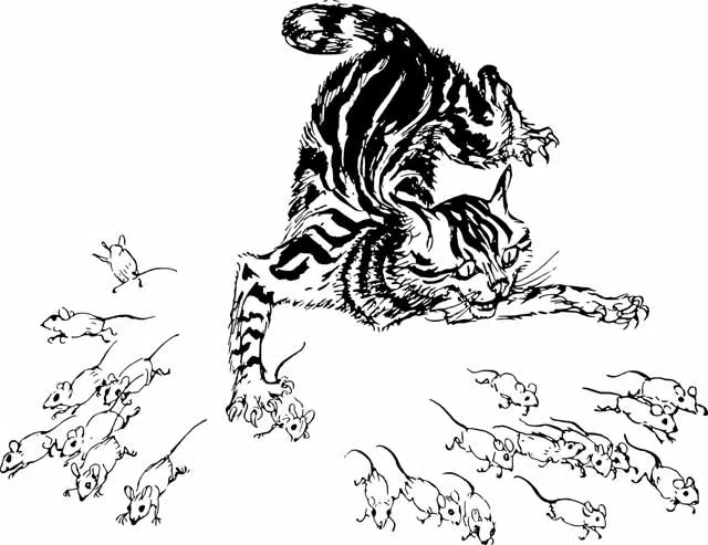 a sketch of a cat catching mice