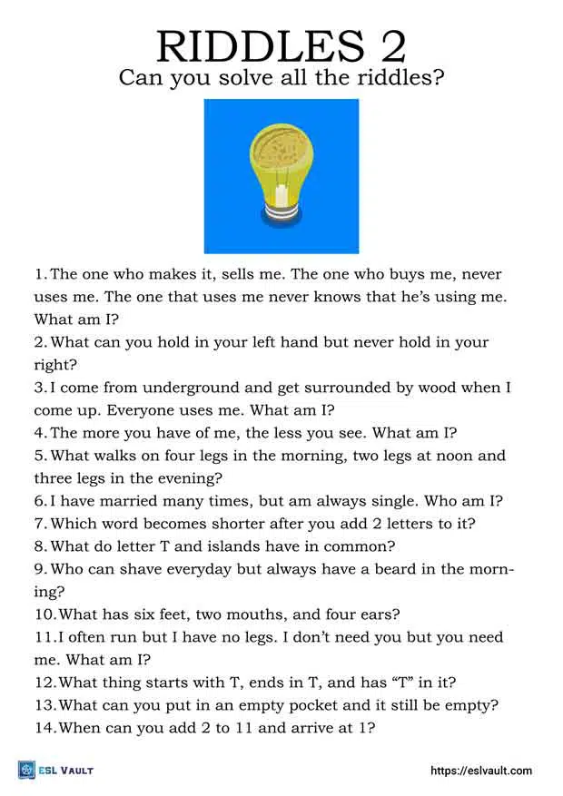 Free printable riddles with answers worksheets - ESL Vault