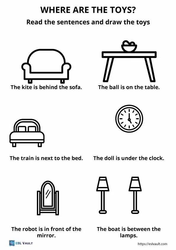 toys preposition drawing worksheet