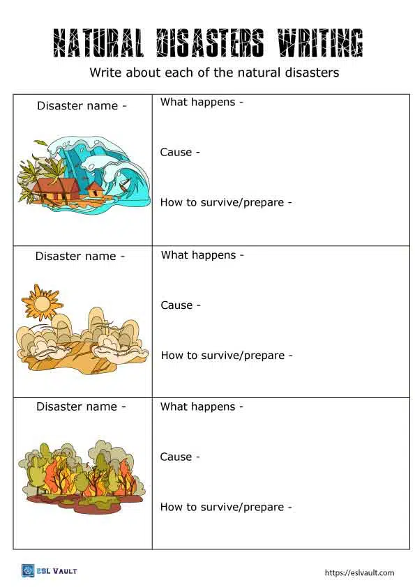 natural disasters worksheet writing