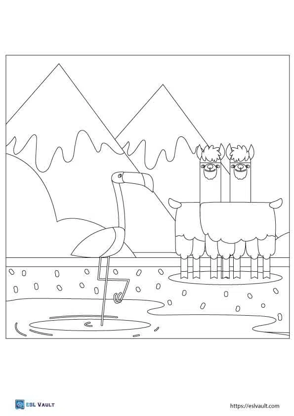 llamas and flamingo coloring page