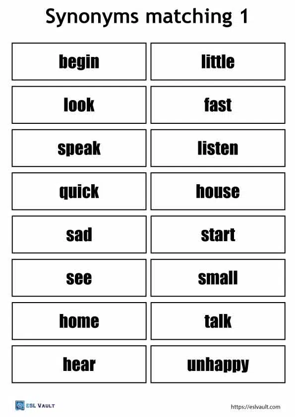 6 Free Synonym Matching Game Printables ESL Vault 6 Free Synonym Matching Game Printables ESL Vault