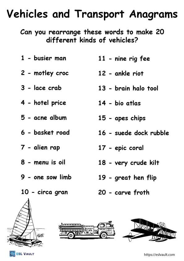 vehicles and transport anagrams