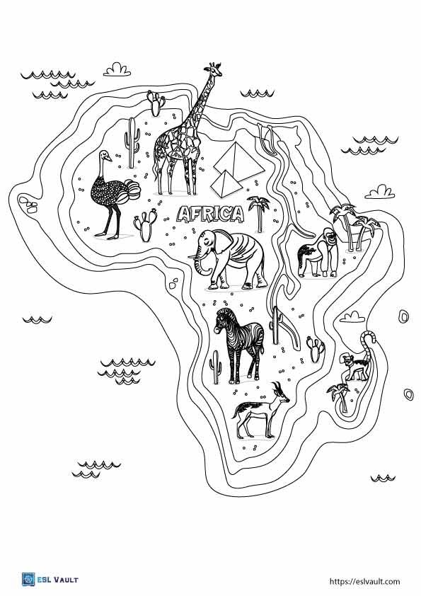 africa map coloring page with animals