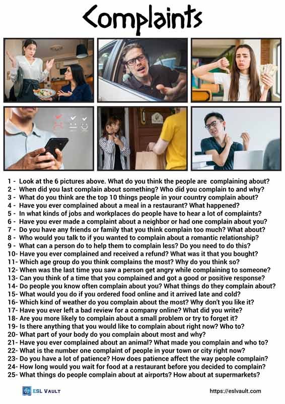 25 conversation questions about complaints esl vault