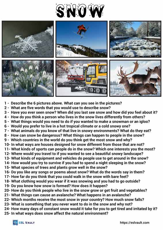 25 Crisp conversation questions about snow - ESL Vault