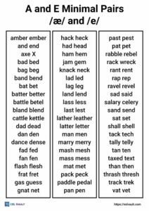 a and e minimal pairs list
