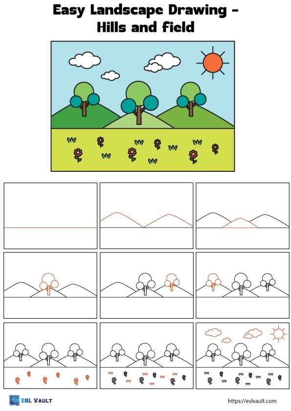 easy landscape drawing for children hills