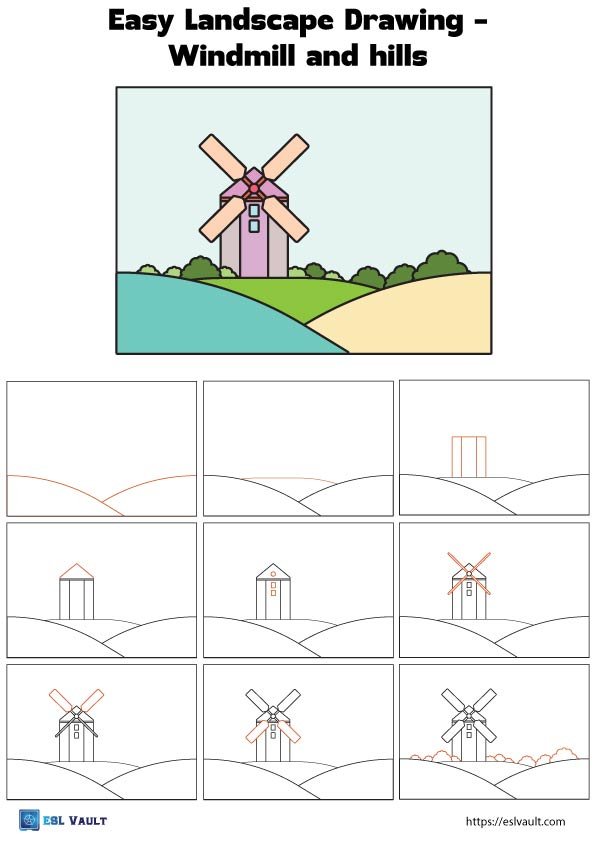 easy landscape drawing for kids windmill